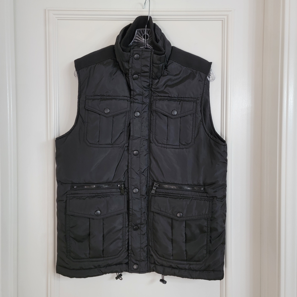 Express Men's Black Puffer Vest Full Zip Snap Pockets Mock Neck. Sz- S
